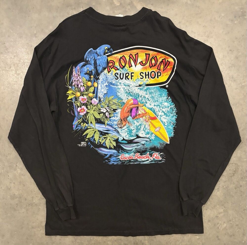 Vtg Ron Jon Surf Shop Shirt XL 90's Cocoa Beach FL Black Long Sleeve